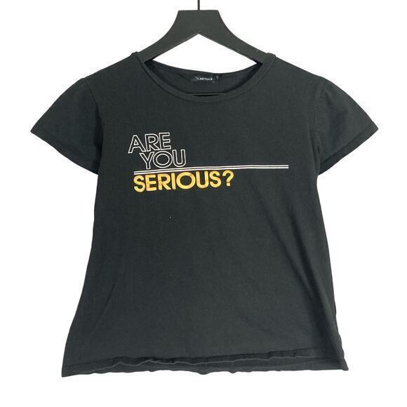 Women's Black T-Shirt "Are You Serious?" Funny Quote Sarcasm Graphic Tee Size 34 - Picture 1 of 6